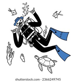 Illustration of a scuba diver with sea animals such as sea turtles, fish, and seaweed, Hand drawn illustration line art doodle style.