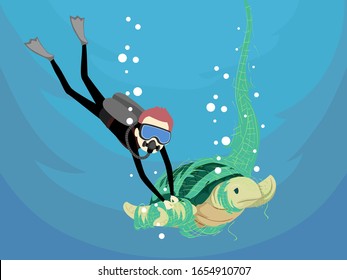 Illustration of a Scuba Diving Man Saving a Turtle From Fish Net Under the Sea