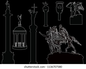 illustration with sculptures isolated on black background