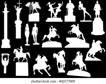 illustration with sculptures isolated on black background