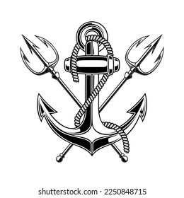 Ilustración del ancla marina con tridentes cruzados. Elemento de diseño para logotipo, signo, emblema. Ilustración del vector