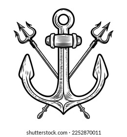 Illustration of sea anchor with crossed tridents. Design element for logo, sign, emblem. Vector illustration