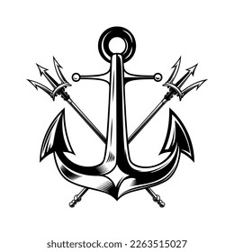 Illustration of sea anchor with crossed tridents. Design element for logo, sign, emblem. Vector illustration