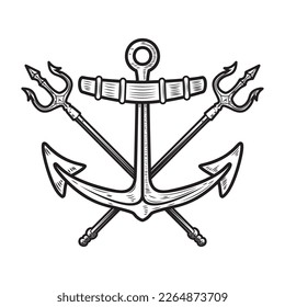 Illustration of sea anchor with crossed tridents. Design element for logo, sign, emblem. Vector illustration