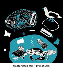 illustration with sea animal and gull, vector design for paper, fabric and other surface