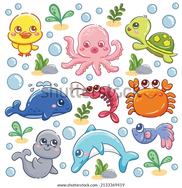 Illustration Sea Animals Cute Cartoon Stock Vector (Royalty Free ...