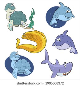 illustration of sea animals turtle moray eel dolphin and shark of the south seas
