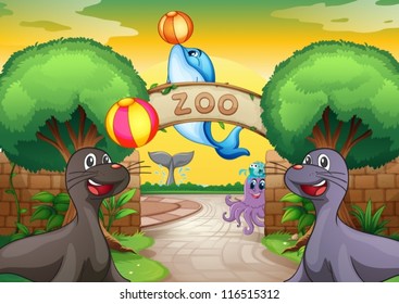 illustration of sea animals in zoo in a beautiful nature