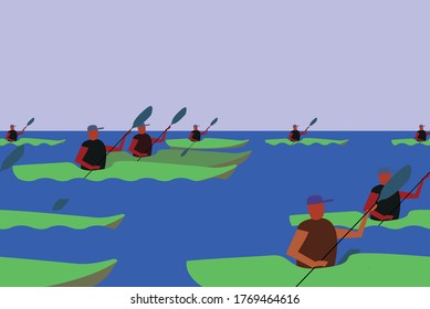 illustration with sea background and rowers in canoe