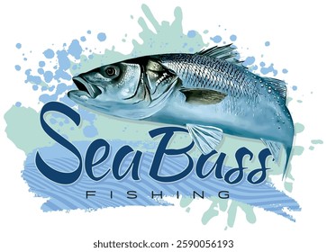 Illustration of a sea bass, depicted with realistic details and in a dynamic pose, jumping out of the water. The fish is surrounded by water splashes and the text "Sea Bass Fishing"