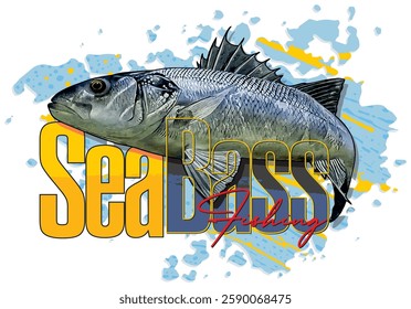 Illustration of a sea bass, depicted with realistic details and in a dynamic pose, jumping out of the water. The fish is surrounded by water splashes and the text "Sea Bass Fishing", suggesting its co