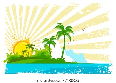 illustration of sea beach view with palm tree and sun
