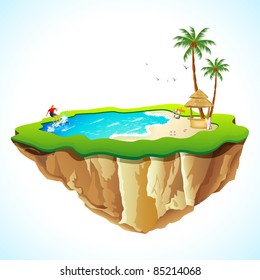 illustration of sea beach view with surfer on island