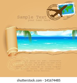 illustration of sea beach view in travel parcel with stamp