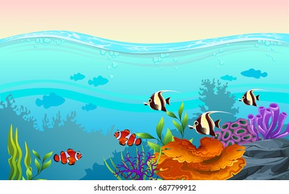 illustration of sea and beautiful coral. Underwater and  the ocean with different animals. For your project like print, graphic design, card or poster.