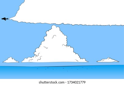 Illustration of a sea with blue sky and approach clouds in summer with contrail speech bubble
