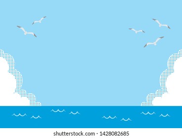 illustration of the sea, blue sky, clouds and sea gull flying.
