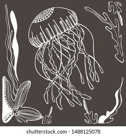 Illustration, sea boulders in one line, octopus, jellyfish, seaweed, hand draws with ink. Large marine residents liner in the style of antistress. Isolated design for wallpaper, textile.