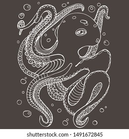 Illustration, sea boulders in one line, octopus, jellyfish, seaweed, hand draws with ink. Large marine residents liner in the style of antistress. Isolated design for wallpaper, textile.