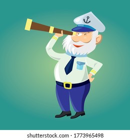 Illustration of sea captain, shipmaster,  a mariner with spyglass