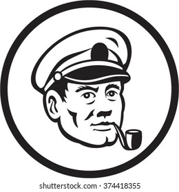 Illustration of a sea captain, shipmaster, skipper, mariner wearing hat cap smoking smoke pipe set inside circle in black and white done in retro style. 