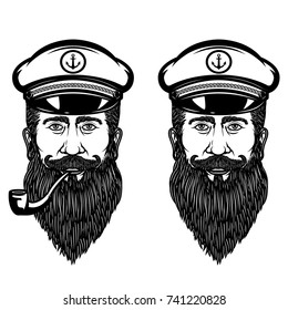 Illustration of the sea captain with smoking pipe. Design element for poster, emblem, sign, t shirt. Vector illustration