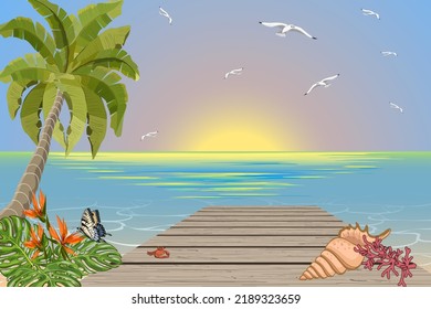 Illustration with sea coast landscape.Tropical landscape with palm trees and flowers near the sea in vector illustration.