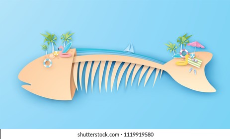 Illustration of the sea for the conservation aquatic animals. Fishbone Island. Poster design for animals sea life conservation. World Oceans Day. paper cut and craft style. vector, illustration.