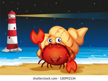 Illustration of the sea creatures at the beach with a lighthouse