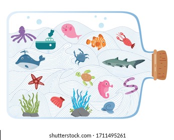An illustration of sea creatures in a bottle.