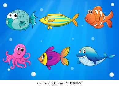 Illustration of the sea creatures under the deep sea