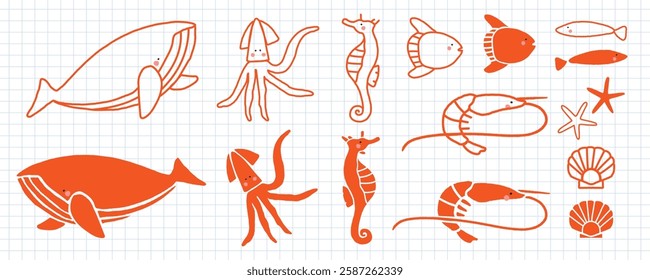 Illustration of sea creatures: whale, squid, seahorse, fish, shrimp, starfish, shell. Red line art on grid background. Marine life, ocean animals, aquatic design. Animal illustrations, vector set.