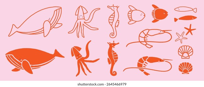 Illustration of sea creatures: whale, squid, seahorse, fish, shrimp, starfish, shell. Simple, cartoon style. Sea creatures in red on a pink background. Animal illustrations, isolated vector set.