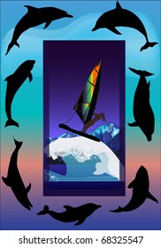 ilustración con mar, delfines y windsurf