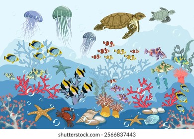 Illustration with sea fish and animals.Color vector illustration with fish, turtles, jellyfish and underwater vegetation.