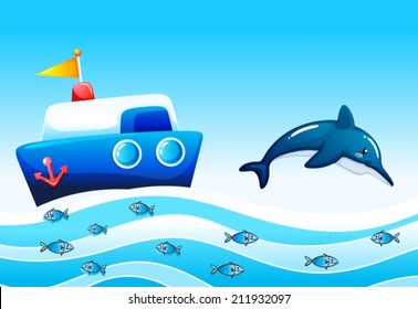 Illustration of a sea with fishes and a ship