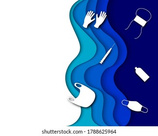 illustration of The sea is full of plastic and medical waste-paper cut style