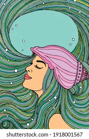 illustration of sea girl underwater with long hair and seashell in vector