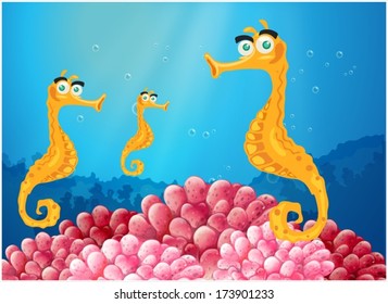 Illustration of the sea horses near the pink coral reefs on a white background