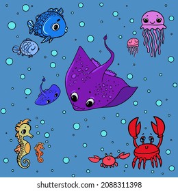 illustration sea inhabitants octopus fish jellyfish crabs crayfish seashells 