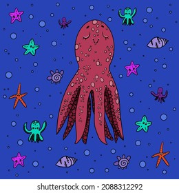 illustration sea inhabitants octopus fish jellyfish crabs crayfish seashells 