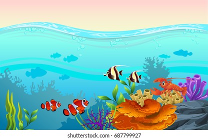 illustration of sea landscape and beautiful coral. Underwater and  the ocean with different animals. For your project like print, graphic design, card or poster.