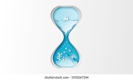 Illustration of sea landscape inside the hourglass. Hourglass design for sea in Summer. Sea inside hourglass. paper cut and craft style. vector, illustration.