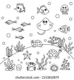 Illustration of sea life, coloring page for kid.