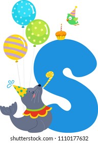 Illustration of a Sea Lion Blowing Birthday Party Blower with Letter S, Balloons, and Hat