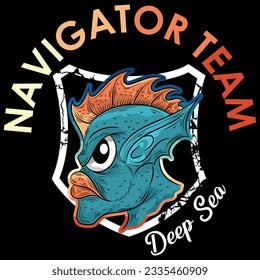 Illustration sea monster with cool colors and text Defenders authentic since 1965 And numbers 56 embroidered Navigator Team. Surf style.