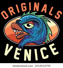 illustration of a sea monster with fangs and fins in an urban style tattoo, texts of California beaches, numbers and gradients in vibrant colors, classic design.