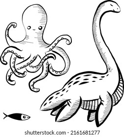 illustration of sea monster and fish