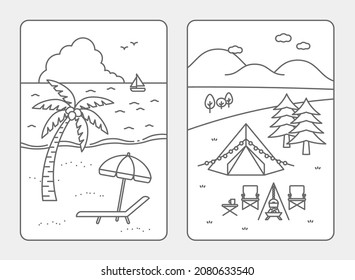Illustration of sea and mountain landscapes, beach resorts and campgrounds