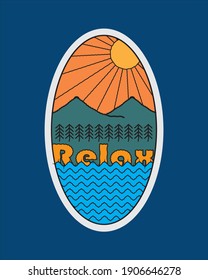 illustration of sea and mountain views for design of t-shirts, pins, emblems. relax